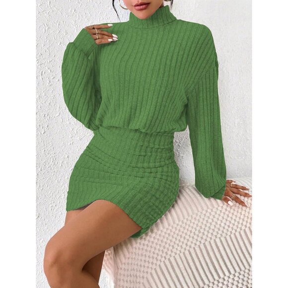 Women Pullover Light Green Sweater Dress Lantern Sleeve Turtleneck Ribbed Mini - Picture 4 of 5